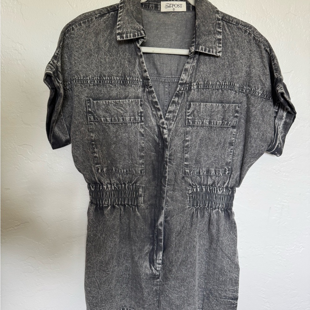 Gray Denim Short Sleeve Jumpsuit - Small - The Post